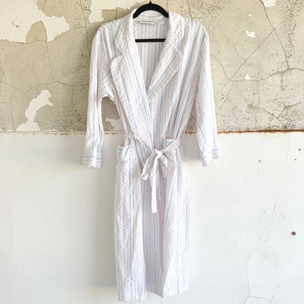 Vtg Robe Pastel Seersucker Striped Long Housecoat Apostrophe Loungewear Belted